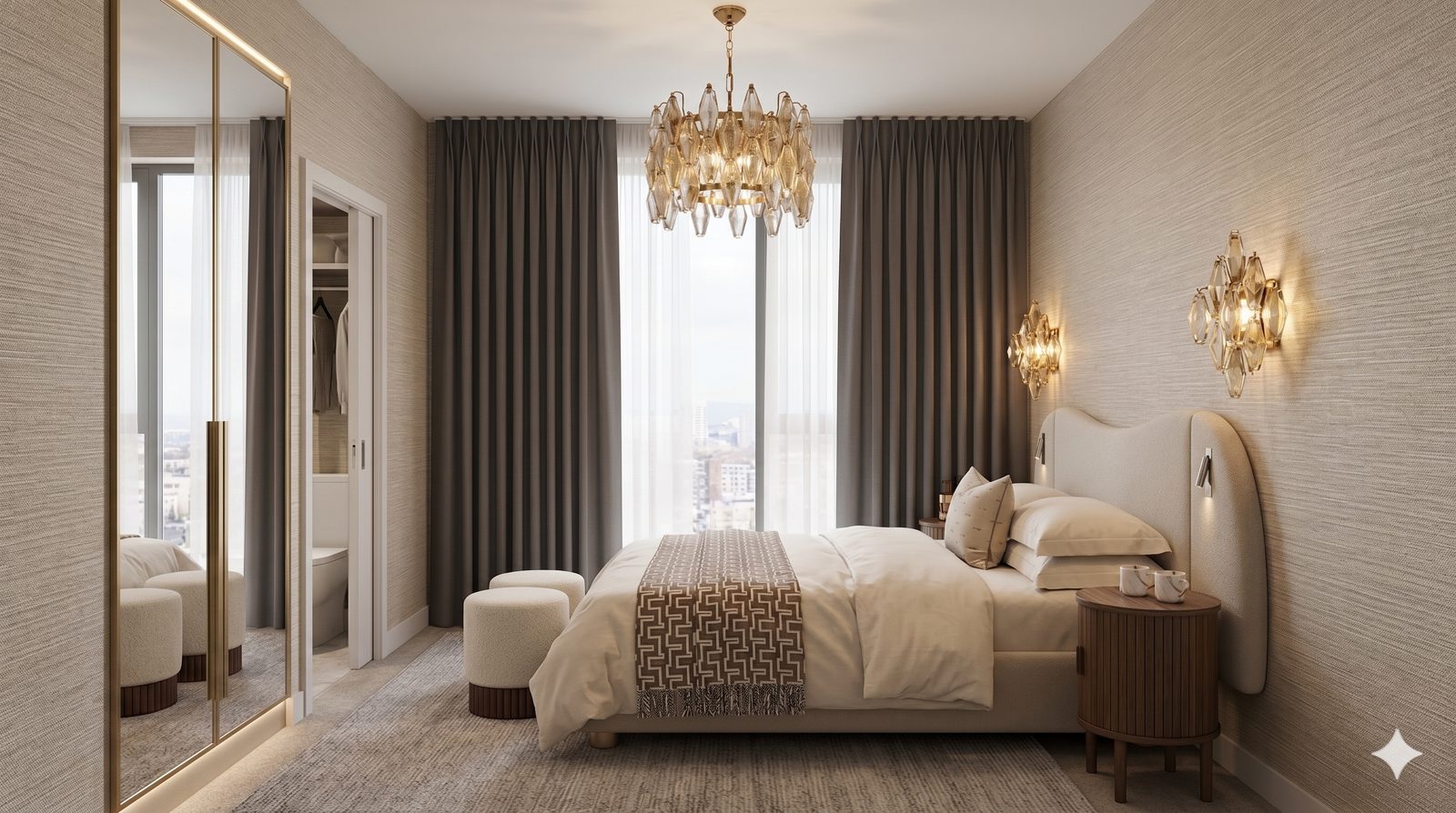 Champagne master bedroom with chandelier